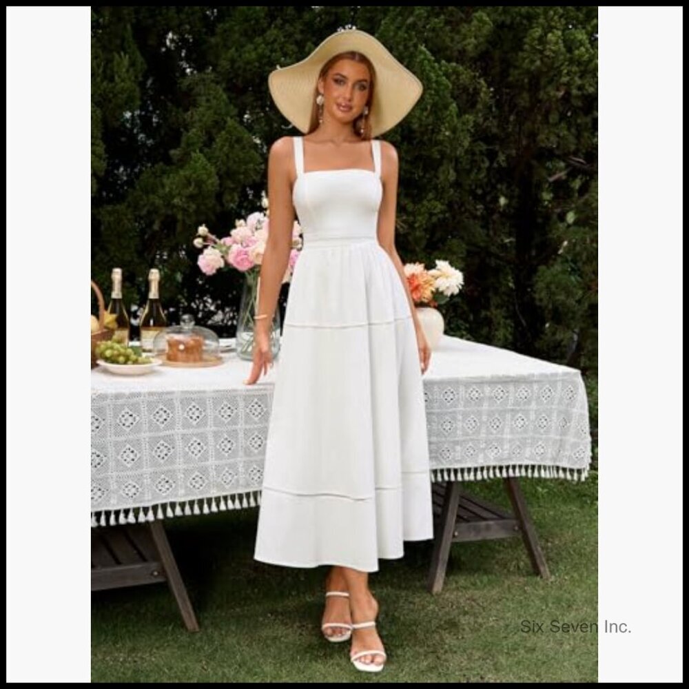 Summer Corset Midi Dress Elegant Square Neck Flowy A Line Wedding Guest - Picture 2 of 7